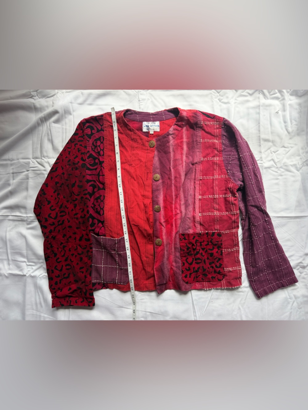 Patchwork Button-Front Blazer Jacket in Red & Burgundy